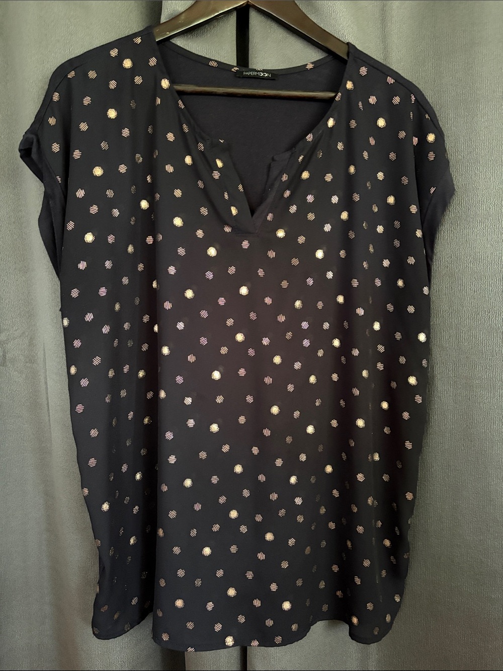 Papermoon Black V-Neck Blouse with Gold and Rose Dot Print